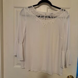 Elle White Lace & Pearl Yoke Bell Sleeve Blouse